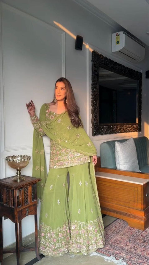New Designer Collection In Pure Heavy Faux Georgette With Heavy Embroidery Sequence Work Top-Bottom And Dupatta Set Fully Stitched Ready To Wear
