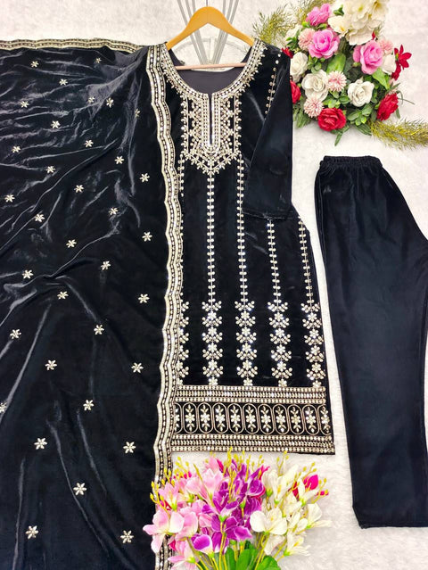 New VelvetFully Stitched Ready To WearTop -Pent  Dupatta Set