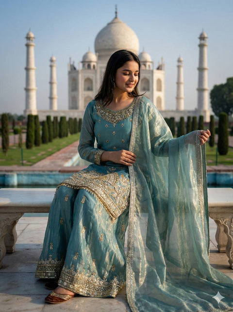 New Pure Fendy Silk With Heavy Embroidery Sequence Work Top-Bottom And Dupatta Set