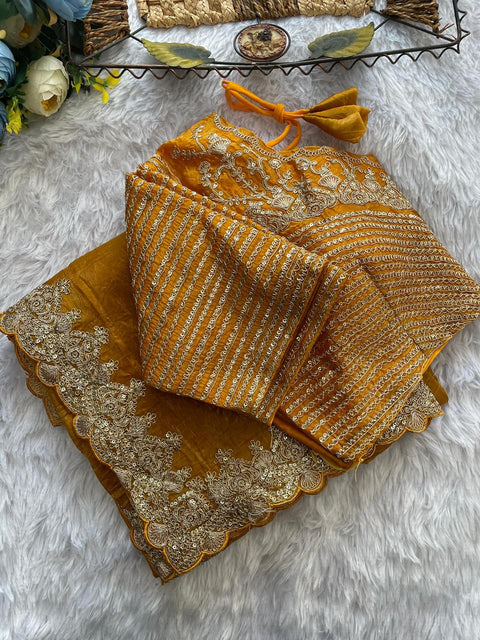 NEW TRENDING GLOD CRUSH FABRIC ON HEAVY EMBRODERY WORK SAREE
