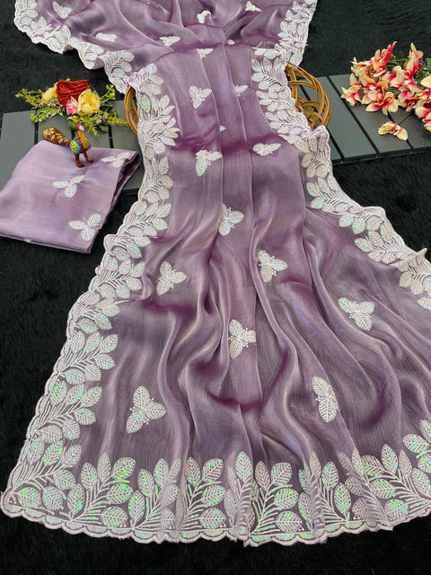 New Arrival Burberry Chiffon Multi Sequence Emrodairy Work Saree