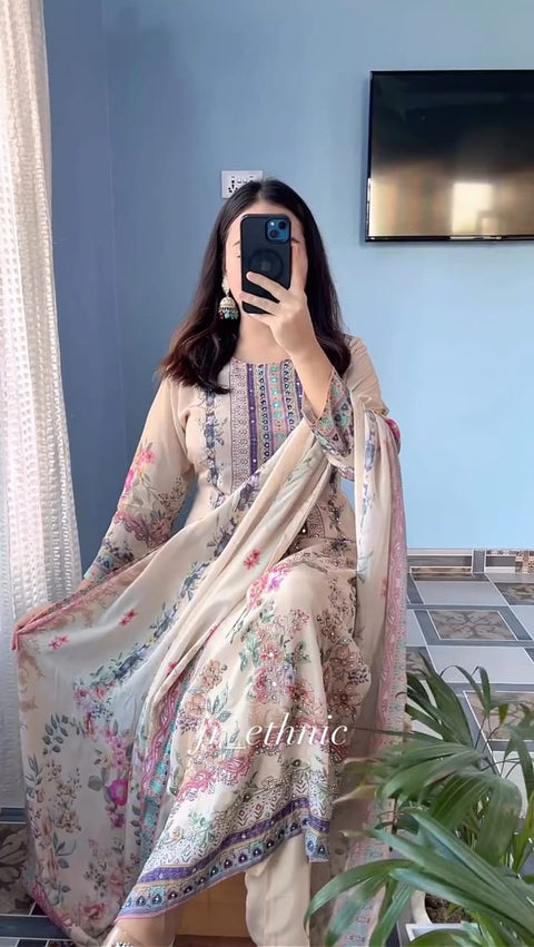 NEW ARRIVALS beautifully decorated with digital prints and hand embroidery and hand works Lilac Silks Suit
