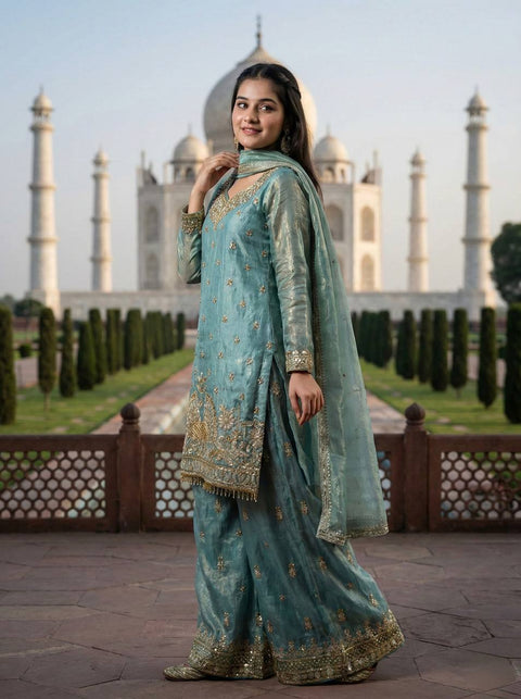 New Pure Fendy Silk With Heavy Embroidery Sequence Work Top-Bottom And Dupatta Set