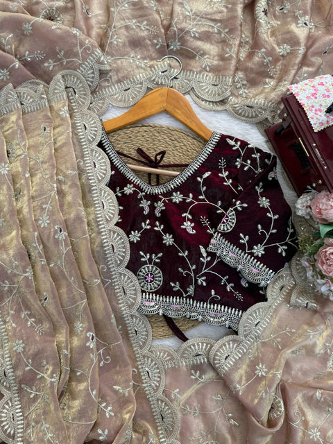 New Premium beautiful Designer Peplum & Bell Bottom Set On Reyon Febric With Thred & Real mirror work Dress