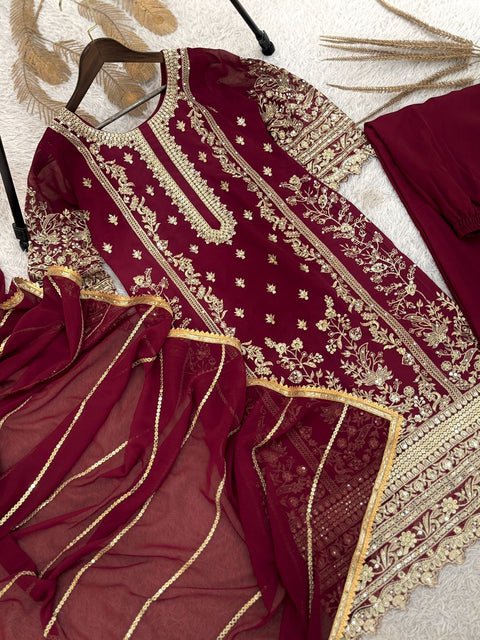 New PRESENTING 3 PIECE STYLISH KURTI, PLAZZO AND DUPATTA WITH BEAUTIFUL EMBROIDERY SEQUENCE WORK