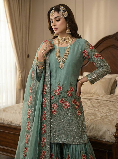 New Pure Fendy Silk With Heavy Embroidery Sequence Work Top-Bottom And Dupatta Set