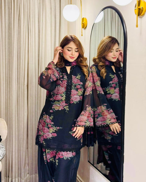 New Designer Collection In Pure Faux Georgette Top-Bottom And Dupatta Set