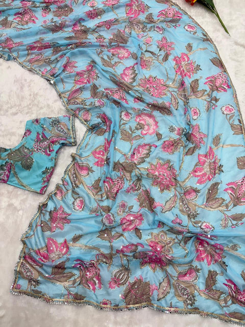 New Premium Georgette Embellished With Beautiful Print , Beautiful Handwork Sequins Work , Beautiful Hand Mirror Work With Beautiful Lace saree