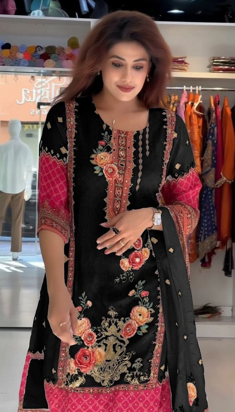 New Premium Chinon febric Pakistani Floral print and embroidery mirror works 3-Piece kurti SET