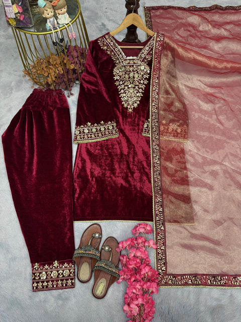 New Designer Party Wear Look Heavy Pure Viscose Velvet Top Bottom & Dupatta Set