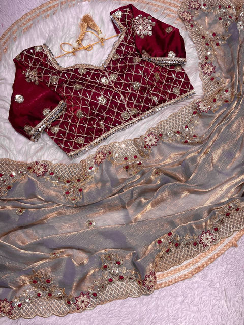 New Fendy Chiffon two ton  fully stitched Coding  sequence embroidery blouse with mirror lace touch up & fancy latkan saree