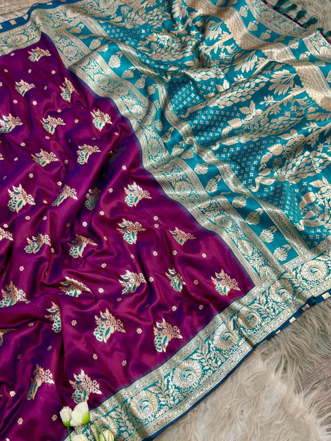 New golden designs and soft tassels Elegant Banarasi Saree
