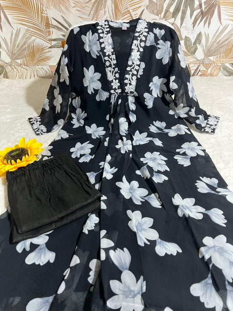 New Premium Georgette Chikankari lace V Neck Kurti Pant Set