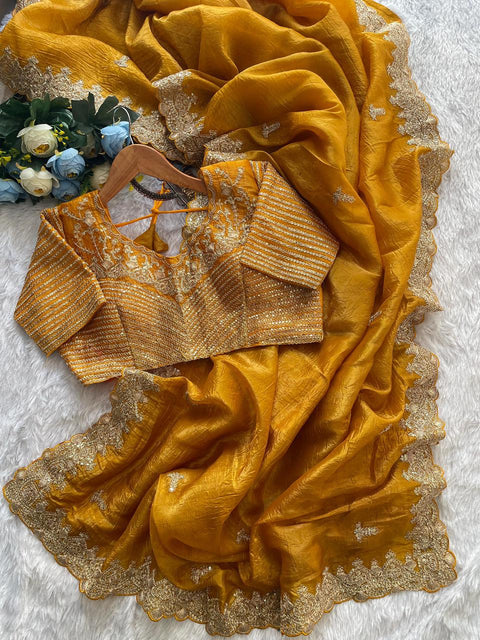 NEW TRENDING GLOD CRUSH FABRIC ON HEAVY EMBRODERY WORK SAREE