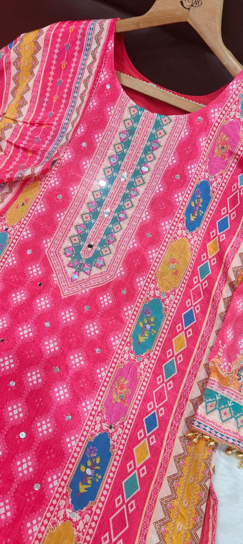 New DESIGNER WEAR JAYPURI TRENDING  TOP WITH PRINTED WORK WITH MIROR WORK WITH PLAZZO AND DUPATTA