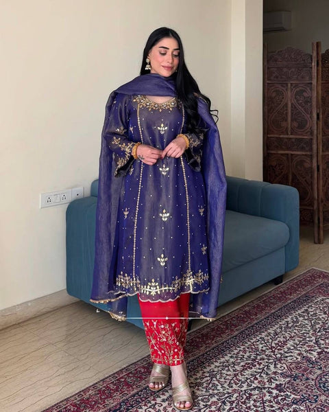 New DESIGNER HEAVY GOLD CRUSHE EMBROIDERED SEQUENCE WORK WITH FANCY TOP-PENT DUPATTA SET