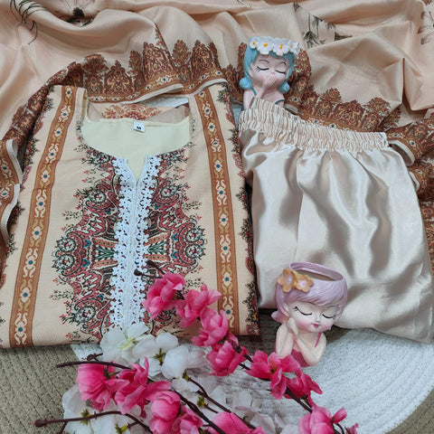 New Heavy Muslim simmer  With Heavy Digital Print With lace works Top-Bottom And Dupatta Set