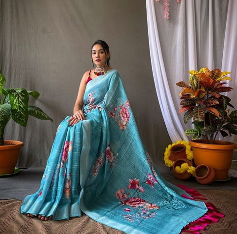 New Original Linen With Silver Jari Patta Digital Print saree
