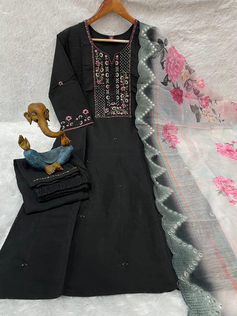 New Beautiful Multi Embroidery Thread With Hand Work Roman Silk Dress