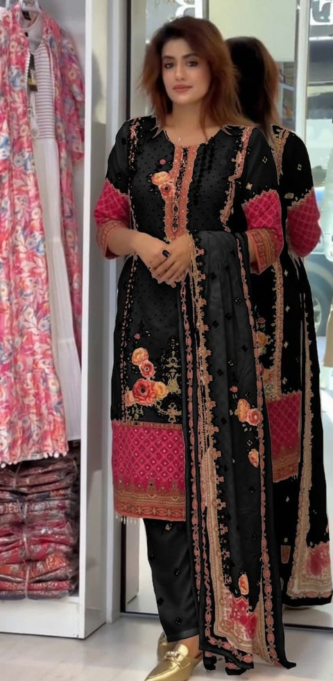 New Premium Chinon febric Pakistani Floral print and embroidery mirror works 3-Piece kurti SET