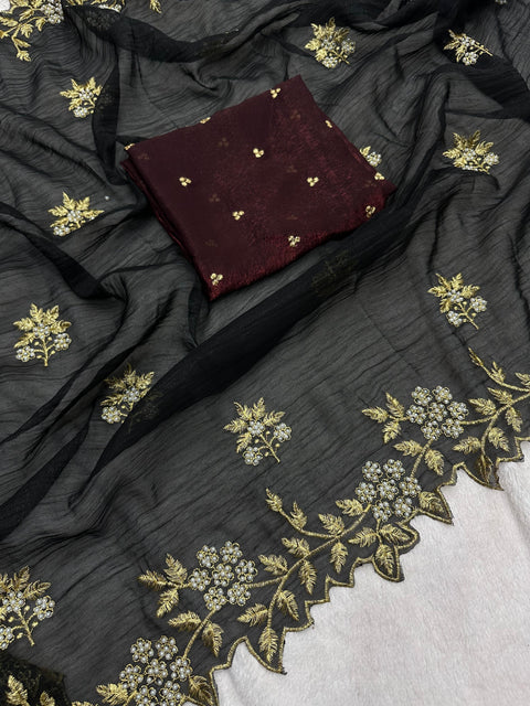 New Arrival Beautiful Embroidery& Moti Work Scalloped Cut work Border saree