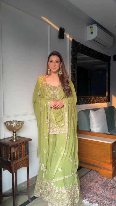 New Designer Collection In Pure Heavy Faux Georgette With Heavy Embroidery Sequence Work Top-Bottom And Dupatta Set Fully Stitched Ready To Wear