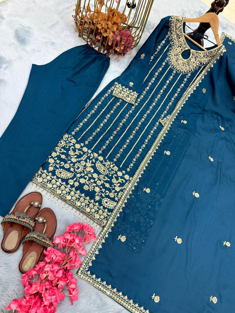 New Designer Party Wear Look Pur Chinon Silk Top Bottom & Dupatta Set