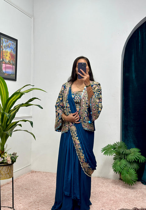 NEW SUPERHIT TRENDING READY TO WEAR SAREE WITH FULLY EMBROIDERED KOTI ON  CHINON FABRIC WITH STITCH BLOUSE