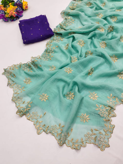 New Arrival Beautiful Embroidery& Moti Work Scalloped Cut work Border saree