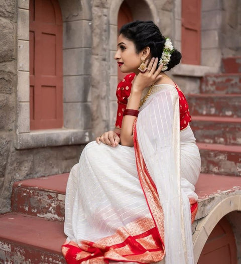 New Contrast Dola Banarasi Silk Blouse Viscose Georgette Saree