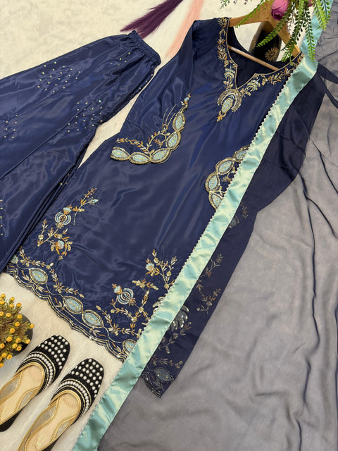New premium Heavy Natural Crep Silk Heavy Bids Hand Work Embroidery Sequence Work Dress
