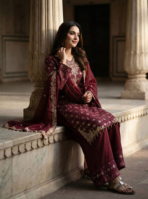 New Designer Collection In GMY SILK With Heavy Embroidery Sequence Work Top-Bottom And Dupatta Set