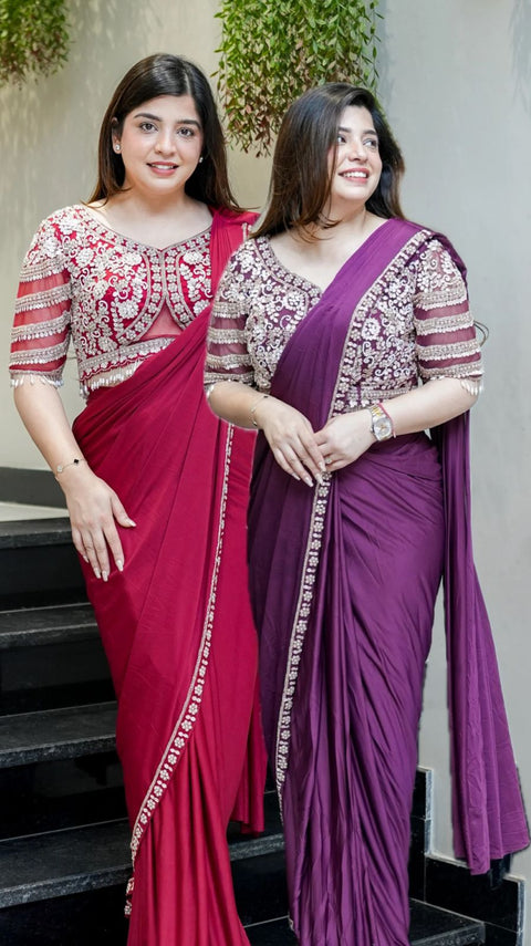 New Super Trending Embroidery Sequence work ready to wear saree with Embroidery Blouse
