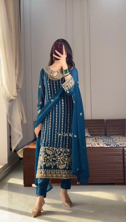 New Designer Party Wear Look Pur Chinon Silk Top Bottom & Dupatta Set