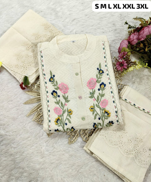 New Cotton Dobby Self Zikzak  Shiffli Kurti With Pant With Stall Dupatta