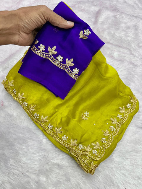 New Arrivals BestBeautiful Zari Embroidery Work With All Over Handwork With Cut Work Border Saree