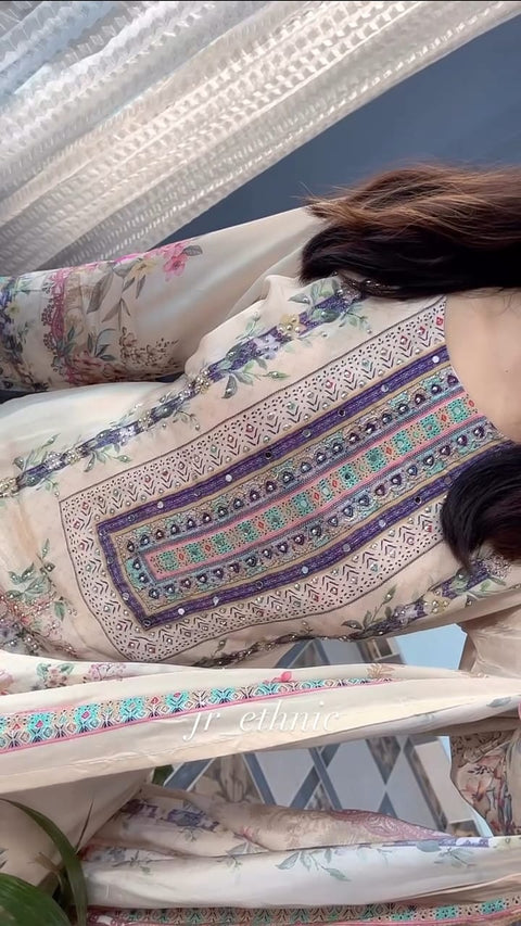 NEW ARRIVALS beautifully decorated with digital prints and hand embroidery and hand works Lilac Silks Suit