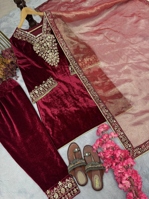 New Designer Party Wear Look Heavy Pure Viscose Velvet Top Bottom & Dupatta Set