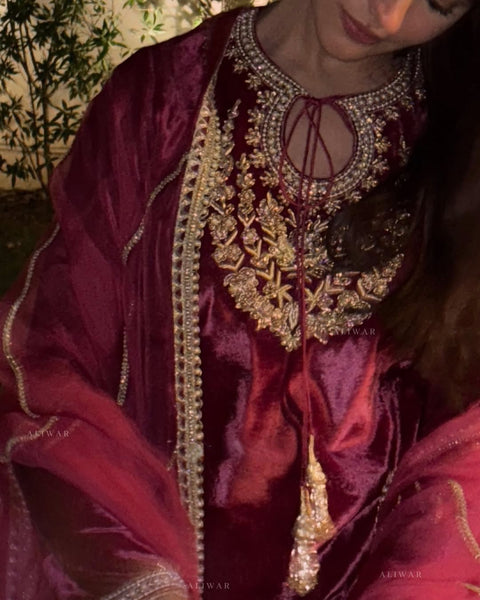 New VELVET DESIGNER WEAR KURTA PANT PAIR WITH EMBROIDERY WORK
