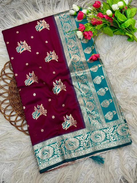 New golden designs and soft tassels Elegant Banarasi Saree