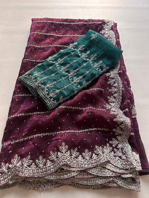 New arrivals crunchy crush saree with embroidery all over  siroshki & DESGINER embroidered border work