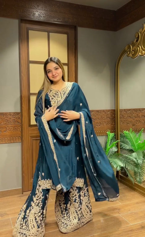 NEW Launching Designer Party WearHeavy Chinon Silk Plazo with Dupatta