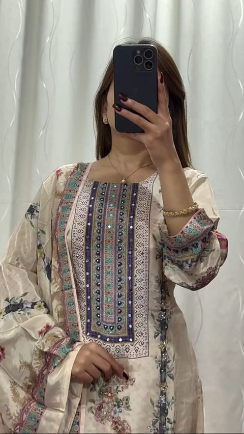 NEW ARRIVALS beautifully decorated with digital prints and hand embroidery and hand works Lilac Silks Suit