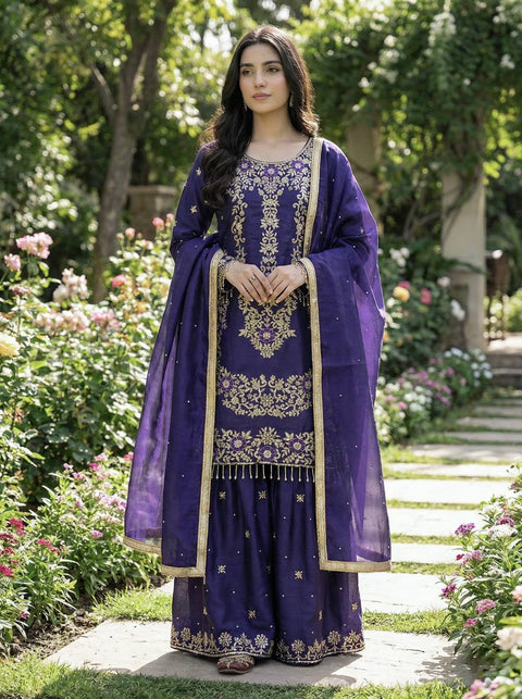 New Designer Collection In GMY SILK With Heavy Embroidery Sequence Work Top-Bottom And Dupatta Set