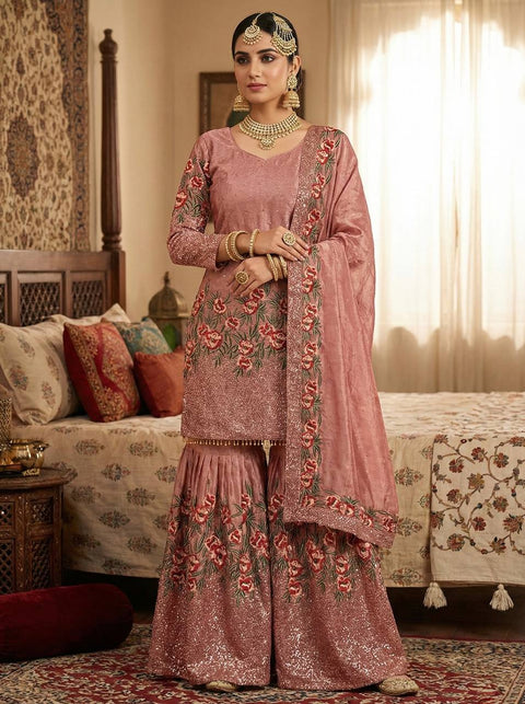 New Pure Fendy Silk With Heavy Embroidery Sequence Work Top-Bottom And Dupatta Set