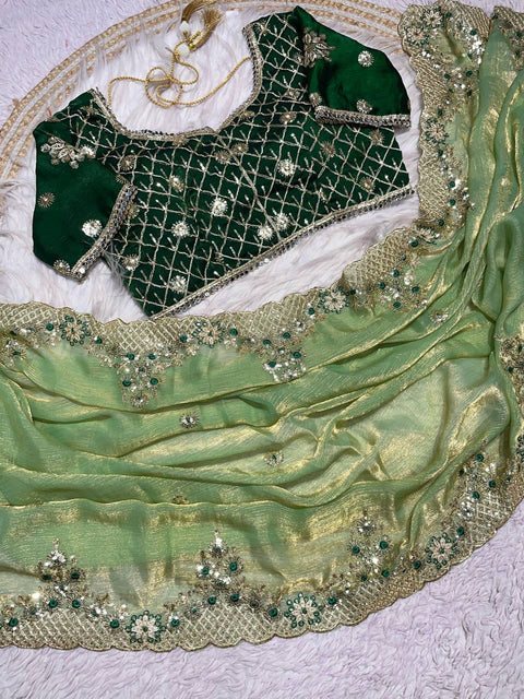 New Fendy Chiffon two ton  fully stitched Coding  sequence embroidery blouse with mirror lace touch up & fancy latkan saree