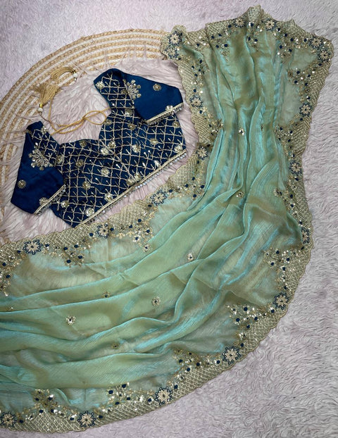 New Fendy Chiffon two ton  fully stitched Coding  sequence embroidery blouse with mirror lace touch up & fancy latkan saree