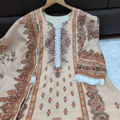 New Heavy Muslim simmer  With Heavy Digital Print With lace works Top-Bottom And Dupatta Set