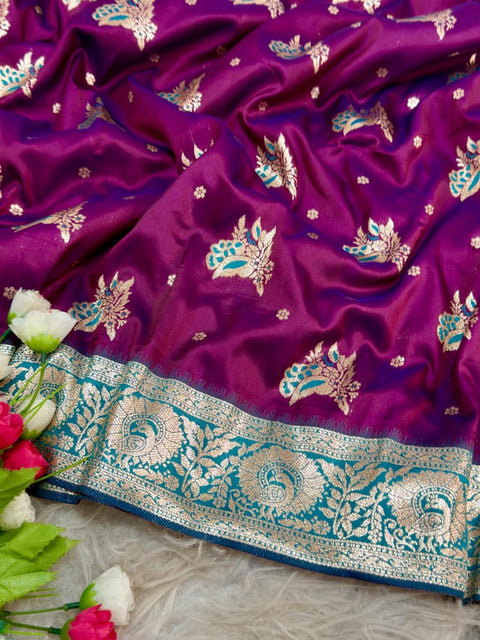 New golden designs and soft tassels Elegant Banarasi Saree
