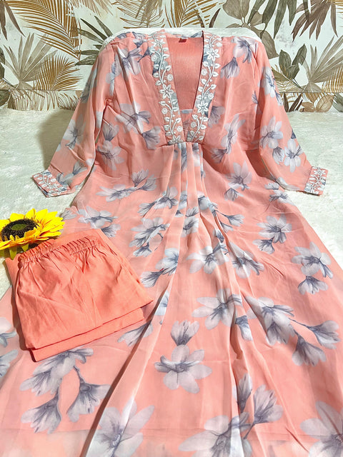 New Premium Georgette Chikankari lace V Neck Kurti Pant Set